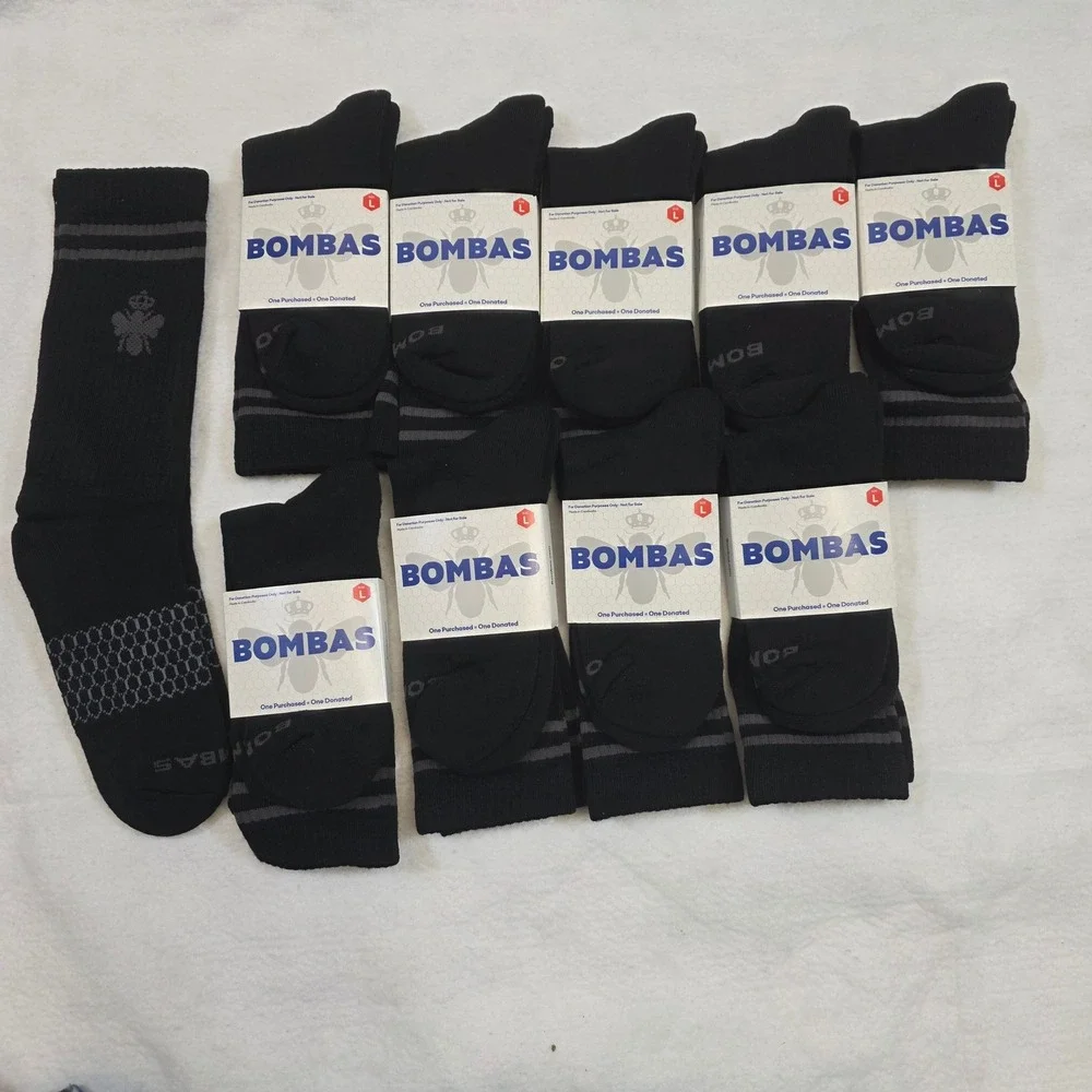 10 Pair Lot Bombas Crew Socks Mens Large Size 10-13 Black Honeycomb Arch Support